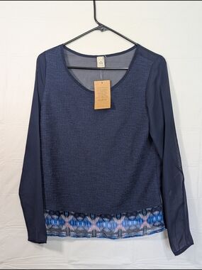 NWT Paper Crane Sheer Sleeve Boho Top Small Navy Blue Mixed Media Boutique Blous